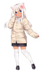Rule 34 | 1girl, absurdres, alternate costume, animal ears, blonde hair, blue eyes, blush, cardigan, cat ears, collared shirt, commentary request, flower, go-1, hair flower, hair ornament, highres, kantai collection, loafers, long hair, long sleeves, looking at viewer, oversized clothes, pleated skirt, ro-500 (kancolle), school uniform, shirt, shoes, simple background, skirt, sleeves past wrists, smile, solo, standing, tan, thighhighs, white background, white shirt, white thighhighs, zettai ryouiki