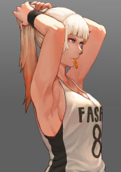 Rule 34 | 1girl, absurdres, armpits, arms up, artist name, basketball uniform, blonde hair, blue eyes, blunt bangs, breasts, clothes writing, fasai roll out, gradient hair, grey background, hair tie, highres, image sample, long hair, medium breasts, mouth hold, multicolored hair, original, pavarit songsomboon, ponytail, red hair, sideboob, simple background, sleeveless, solo, sportswear, sweatband, tying hair, upper body
