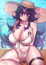 Rule 34 | 1girl, absurdres, arm under breasts, beach, bikini, blush, breasts, cleavage, crawling dreams, curvy, eyebrows, hat, highres, huge breasts, looking at viewer, nail polish, nyarla (osiimi), o-ring, ocean, osiimi, purple eyes, purple hair, purple nails, sidelocks, sitting, smile, sun hat, swimsuit, thick thighs, thigh strap, thighs, white bikini