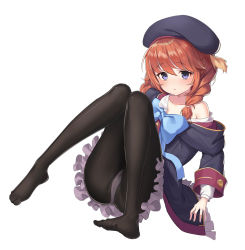 Rule 34 | 1girl, ass, beret, black hat, black pantyhose, blue bow, blush, bow, braid, coat, collarbone, frilled coat, frilled skirt, frills, full body, hair between eyes, hat, highres, knees together feet apart, long hair, long sleeves, looking at viewer, no shoes, off shoulder, ohihil, open mouth, panties, panties under pantyhose, pantyhose, princess connect!, purple eyes, shirt, simple background, skirt, solo, twin braids, underwear, white background, white panties, white shirt, yuni (princess connect!)