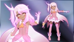 Rule 34 | &gt;:), 1girl, 3d, ascot, bare shoulders, boots, cape, chloe von einzbern, commentary request, cosplay, cross, dark-skinned female, dark skin, earrings, elbow gloves, fate/kaleid liner prisma illya, fate (series), feather hair ornament, feathers, gloves, gs-mantis, hair between eyes, hair ornament, highres, holding, holding wand, jewelry, kaleidostick, long hair, looking at viewer, magical girl, magical ruby, multiple views, outstretched arm, pink footwear, pink hair, prisma illya, prisma illya (cosplay), side ponytail, smirk, thigh boots, thighhighs, v-shaped eyebrows, wand, yellow eyes, zettai ryouiki