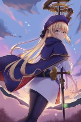 Rule 34 | 1girl, artoria caster (fate), artoria pendragon (fate), belt, black bow, black gloves, black pantyhose, blonde hair, blue belt, blue hat, blush, bow, closed mouth, cloud, commentary request, dress, fate/grand order, fate (series), floating hair, from behind, gloves, green eyes, hair bow, hat, highres, holding, holding staff, holding weapon, long hair, long sleeves, looking at viewer, lucky ckm, outdoors, pantyhose, sheath, sheathed, sky, smile, solo, staff, sword, twintails, weapon, white dress