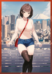Rule 34 | 1girl, absurdres, animal ear legwear, bare shoulders, black thighhighs, blue shorts, brown eyes, brown hair, cat ear legwear, cityscape, closed mouth, day, feet out of frame, gohan oni, highres, long sleeves, looking at viewer, mount fuji, original, short hair, short shorts, shorts, smile, solo, sweater, thighhighs, turtleneck, turtleneck sweater, white sweater