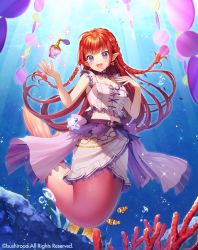 Rule 34 | 1girl, :d, air bubble, animal, bare arms, bare shoulders, blush, braid, breasts, bubble, clownfish, copyright notice, coral, fish, frills, long hair, mermaid, momoshiki tsubaki, monster girl, open mouth, pointy ears, red eyes, red hair, shirt, sleeveless, sleeveless shirt, small breasts, smile, solo, sparkle, twin braids, underwater, vanguard (warship girls r), very long hair, warship girls r, water, watermark, white shirt