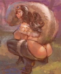 Rule 34 | 1girl, animal ears, bare shoulders, black hair, black thighhighs, breasts, from behind, fur shirt, goggles, goggles on head, kazo (kazozakazo), large breasts, long hair, o-ring, original, purple eyes, sideboob, skindentation, solo, thighhighs, tree, whale tail (clothing)