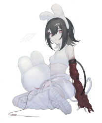 Rule 34 | 1girl, absurdres, animal ears, armlet, bare shoulders, belt, black hair, body horror, breasts, cable, cleavage cutout, clothing cutout, commentary request, crop top, expressionless, fake animal ears, fake tail, flesh, flipped hair, full body, hai (haihki), hair ornament, hairband, heart cutout, highres, leg warmers, looking back, medium hair, micro shorts, original, pale skin, parted lips, pink eyes, rabbit ears, rabbit hair ornament, rabbit tail, sandals, see-through, see-through skirt, shorts, simple background, sitting, skirt, sleeveless, small breasts, solo, stuffed animal, stuffed rabbit, stuffed toy, tail, thigh belt, thigh strap, translation request, tube, turtleneck, wariza, white background, white hairband, white shorts, white theme