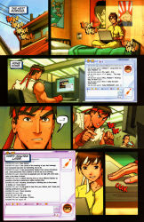 Rule 34 | 1girl, 2boys, ^^^, ^ ^, against wall, bare shoulders, barefoot, bed, blonde hair, breasts, brown eyes, brown hair, building, buttons, cameo, capcom, ceiling, chair, character name, clenched hand, close-up, closed eyes, comic, computer, cup, desk, dougi, drink, drinking, edmond honda, english text, eyebrows, fei long, fingerless gloves, frills, frown, gloves, grin, hands on own hips, hard-translated, headband, highres, indian style, indoors, japanese clothes, kasugano sakura, keyboard (computer), laptop, light smile, long hair, mask, monitor, mouse (computer), multiple boys, muscular, office chair, omar dogan, orange eyes, pajamas, parted lips, pillow, plump, poster (object), power lines, rainbow mika, raised fist, rising sun flag, ryu (street fighter), sash, shadow, short hair, sitting, sky, sleeveless, small breasts, smile, street fighter, sumo, sunburst, swivel chair, thick eyebrows, third-party edit, topless male, torn clothes, twintails, typing, udon entertainment, wrestling outfit