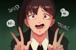 Rule 34 | 1girl, absurdres, black jacket, black necktie, blush, brown hair, chainsaw man, collared shirt, double w, gradient background, green background, hair ornament, hairclip, higashiyama kobeni, highres, jacket, looking at viewer, lower teeth only, necktie, open mouth, portrait, red eyes, shirt, solo, sorapoi, speech bubble, sweat, teeth, tongue, trembling, w, white shirt
