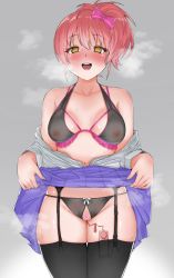 Rule 34 | 1girl, :d, bad id, bad pixiv id, black bra, black panties, black thighhighs, blush, bow, bra, censored, clothes lift, clothes pull, cowboy shot, crotchless, crotchless panties, garter straps, hair bow, halterneck, heart, heart censor, heavy breathing, highres, idolmaster, idolmaster cinderella girls, jougasaki mika, lifting own clothes, looking at viewer, lowleg, lowleg panties, nipples, no pupils, off-shoulder shirt, off shoulder, open clothes, open mouth, open shirt, orange eyes, panties, period (anony 83), pink bow, pink hair, pointless censoring, purple skirt, see-through, see-through bra, see-through panties, sex toy, shirt, shirt pull, short hair, side ponytail, skirt, skirt lift, smile, solo, standing, steaming body, sweat, thighhighs, underwear, vibrator, vibrator cord, vibrator in thighhighs