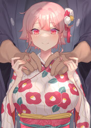 Rule 34 | 1boy, 1girl, absurdres, aizenpochi, blush, breasts, closed mouth, dark-skinned male, dark skin, floral print, furisode, hair between eyes, hands on another&#039;s shoulders, height difference, hetero, highres, holding hands, japanese clothes, kimono, large breasts, looking ahead, looking at viewer, obi, original, pink eyes, pink hair, sash, short hair, sidelocks, smile, upper body, wide sleeves