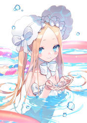 Rule 34 | 1girl, abigail williams (fate), abigail williams (swimsuit foreigner) (fate), abigail williams (swimsuit foreigner) (third ascension) (fate), bare shoulders, bikini, blonde hair, blue eyes, blush, bonnet, bow, breasts, bukurote, closed mouth, fate/grand order, fate (series), forehead, hair bow, highres, innertube, long hair, looking at viewer, parted bangs, ripples, sidelocks, small breasts, smile, swim ring, swimming, swimsuit, twintails, very long hair, water, white background, white bikini, white bow, white headwear