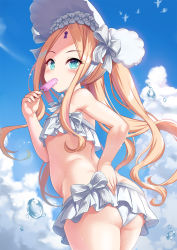 Rule 34 | 1girl, abigail williams (fate), abigail williams (swimsuit foreigner) (fate), abigail williams (swimsuit foreigner) (third ascension) (fate), ass, back, bare shoulders, bikini, blonde hair, blue eyes, blue sky, blush, bonnet, bow, breasts, eating, fate/grand order, fate (series), food, forehead, hair bow, highres, keyhole, long hair, looking at viewer, looking back, milkshakework, miniskirt, navel, parted bangs, popsicle, sidelocks, skirt, sky, small breasts, solo, swimsuit, thighs, twintails, very long hair, white bikini, white bow, white headwear
