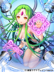 Rule 34 | 1girl, :o, aile (crossroads), bdsm, bondage, bound, breasts, bubble, cleavage, electricity, elf, gem, green gemstone, green hair, highres, large breasts, long hair, magic circle, original, pointy ears, shiny skin, solo, sousei ragnavein, yellow eyes