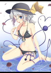 Rule 34 | 1girl, bad id, bad pixiv id, bare shoulders, barefoot, bikini, black bikini, blue eyes, breasts, cleavage, female focus, flower, food, frills, front-tie top, grey hair, hat, heart, heart of string, ice cream, kimitoshiin, komeiji koishi, letterboxed, licking, looking at viewer, one eye closed, ponytail, popsicle, ribbon, rose, sitting, solo, swimsuit, touhou, wariza, water, wink