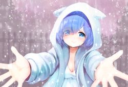 Rule 34 | 10s, 1girl, animal hood, blue eyes, blue hair, blunt bangs, blurry, breasts, cat hood, cleavage, closed mouth, commentary request, depth of field, eyes visible through hair, hair ornament, hair over one eye, half-closed eyes, heart, heart-shaped pupils, hood, hood up, hooded jacket, jacket, light blue hair, long sleeves, looking at viewer, medium breasts, open clothes, open jacket, outstretched arms, outstretched hand, re:zero kara hajimeru isekai seikatsu, reaching, reaching towards viewer, rem (re:zero), sawa (sawasaku), short hair, smile, solo, spread fingers, swept bangs, symbol-shaped pupils, upper body, x hair ornament