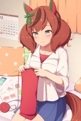 Rule 34 | 1girl, bed, blush, book, brown eyes, calendar (object), casual, cellphone, collarbone, commentary request, curtains, highres, horse girl, nice nature (umamusume), phone, red hair, sewing, smile, solo, soranishi hiro, umamusume, yarn, yarn ball