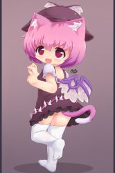 Rule 34 | 1girl, :d, animal ears, bad id, bad pixiv id, cat ears, cat girl, cat tail, chibi, child, fang, female focus, full body, hat, highres, kemonomimi mode, loliswitch, looking back, mystia lorelei, no nose, no panties, no shoes, open mouth, pink eyes, pink hair, rollingswitch, running, short hair, short sleeves, simple background, smile, solo, standing, standing on one leg, tail, thighhighs, touhou, white thighhighs, wings