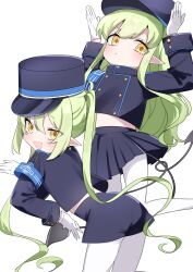 Rule 34 | &gt;:(, 2girls, :d, absurdres, armband, ass, black hat, black tail, blue archive, blue armband, buttons, closed mouth, demon tail, double-breasted, fang, gloves, green hair, hands on own head, hat, highres, hikari (blue archive), looking at viewer, midriff, military hat, military uniform, multiple girls, nozomi (blue archive), open mouth, pantyhose, peaked cap, pleated skirt, pointy ears, shorts, simple background, skin fang, skirt, smile, tail, tamotsu (mary), thighs, uniform, v-shaped eyebrows, white background, white gloves, white pantyhose, yellow eyes