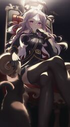 Rule 34 | 1girl, 1other, absurdres, belt, black gloves, blue archive, blush, cat, crossed legs, demon horns, forehead, gloves, halo, hand on own cheek, hand on own face, hansul, highres, hina (blue archive), horns, light, military, military uniform, open mouth, purple eyes, sitting, solo, thighhighs, thighs, uniform, white hair