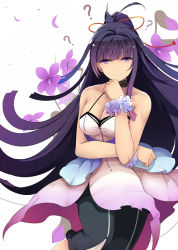 Rule 34 | 1girl, ?, bare shoulders, breasts, choker, cleavage, collarbone, floral background, flower, gradient hair, hair ribbon, high ponytail, lace, lace choker, large breasts, long hair, looking at viewer, multicolored hair, original, pants, ponytail, purple eyes, purple hair, ribbon, scrunchie, sleeveless, smile, solo, sts, violet (flower), wrist scrunchie