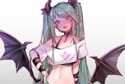 Rule 34 | 1girl, blouse, borrowed character, choker, collarbone, fang, gradient background, green hair, hand on own hip, head tilt, highres, horns, long hair, midriff, open mouth, original, purple eyes, ryisu (deluxe&lt;&lt;&lt;), shirt, simple background, solo, sunege (hp0715), twintails, very long hair, white background, white shirt, wings