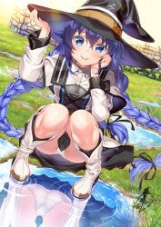 Rule 34 | 1girl, arm up, ass, black hat, blue eyes, blue hair, boots, braid, capelet, closed mouth, clothes between thighs, commentary request, day, dress, fujima takuya, hair between eyes, hat, juliet sleeves, knee boots, knees together feet apart, knees up, long hair, long sleeves, looking at viewer, mushoku tensei, outdoors, panties, pantyshot, pantyshot through reflection, puffy sleeves, reflection, ripples, roxy migurdia, smile, solo, squatting, twin braids, twintails, underwear, very long hair, water, white capelet, white dress, white footwear, white panties, witch hat