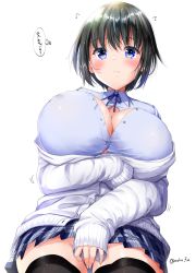Rule 34 | 1girl, arm under breasts, between legs, black hair, black skirt, black thighhighs, blue eyes, blue neckwear, blue shirt, blush, breasts, bursting breasts, cardigan, cleavage, closed mouth, collared shirt, commentary request, covering privates, covering crotch, hair between eyes, hand between legs, highres, large breasts, long sleeves, looking at viewer, mokufuu, no panties, original, plaid, plaid skirt, pleated skirt, school uniform, shirt, short hair, simple background, skirt, sleeves past fingers, sleeves past wrists, solo, thighhighs, twitter username, white background, white cardigan