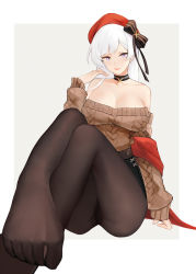 Rule 34 | 1girl, absurdres, aran sweater, ass, azur lane, bare shoulders, belfast (azur lane), belfast (shopping with the head maid) (azur lane), belt, beret, black choker, black pantyhose, black skirt, breasts, cable knit, choker, cl (summer sama), cleavage, collarbone, crossed legs, dress, feet, hair ribbon, hand on lap, hat, highres, jewelry, large breasts, legs, lips, long hair, looking at viewer, necklace, pantyhose, purple eyes, ribbon, scarf, sitting, sitting on lap, sitting on person, skirt, smile, solo, star (symbol), star necklace, sweater, sweater dress, thighs, white background, white hair