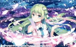 Rule 34 | 1girl, aqua eyes, cherry blossoms, closed mouth, collared dress, commentary request, dress, frog hair ornament, green hair, hair ornament, hair tubes, kochiya sanae, long hair, looking at viewer, miyase mahiro, smile, snake hair ornament, solo, touhou, upper body, watermark, white dress