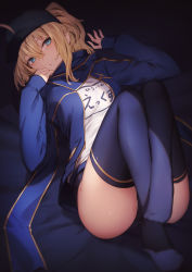 Rule 34 | 1girl, ahoge, artoria pendragon (fate), baseball cap, black hat, blonde hair, blue eyes, blue jacket, blue scarf, blue thighhighs, breasts, clothes writing, commentary request, fate/grand order, fate (series), genyaky, hair between eyes, hair through headwear, hat, highres, jacket, legs, long hair, long sleeves, looking at viewer, lying, medium breasts, mysterious heroine x (fate), on back, open clothes, open jacket, open mouth, ponytail, scarf, shirt, shorts, solo, thighhighs, track jacket, white shirt