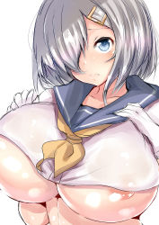 Rule 34 | 10s, absurdres, areola slip, blue eyes, breasts, hair over one eye, hamakaze (kancolle), highres, huge breasts, kantai collection, long hair, looking at viewer, sankakusui, silver hair, simple background, solo, white background