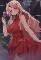 Rule 34 | 1girl, alcohol, alternate costume, breasts, christmas tree, commentary request, cup, dress, drinking glass, highres, kantai collection, large breasts, long hair, luigi di savoia duca degli abruzzi (kancolle), night, night sky, picoli1313, pink eyes, pink hair, red dress, sky, standing, wine, wine glass