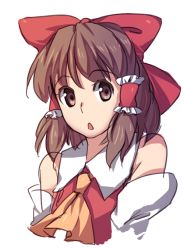 Rule 34 | 1girl, :o, bow, brown eyes, brown hair, female focus, gradient hair, hair bow, hakurei reimu, large bow, multicolored hair, non-web source, open mouth, simple background, solo, touhou, upper body, weee (raemz)