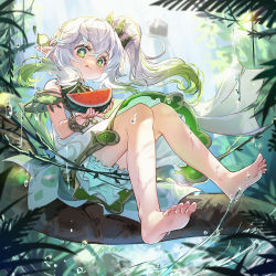 Rule 34 | 1girl, barefoot, bloomers, bracelet, cape, cat princess, cross-shaped pupils, detached sleeves, dress, feet, food, fruit, genshin impact, gradient hair, green cape, green eyes, green hair, hair ornament, highres, in tree, jewelry, leaf hair ornament, long hair, multicolored hair, nahida (genshin impact), pointy ears, side ponytail, sitting, sitting in tree, solo, symbol-shaped pupils, tree, underwear, water, watermelon, white bloomers, white dress, white hair