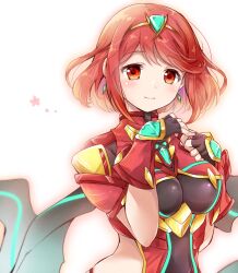 Rule 34 | 1girl, black gloves, breasts, chest jewel, closed mouth, core crystal (xenoblade), earrings, fingerless gloves, gloves, jewelry, looking at viewer, medium breasts, pyra (xenoblade), red hair, short hair, simple background, smile, solo, swept bangs, tiara, ui frara, upper body, white background, xenoblade chronicles (series), xenoblade chronicles 2