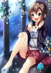 Rule 34 | 1girl, :d, belt buckle, black cardigan, blue flower, blue rose, blush, breasts, brown hair, buckle, cardigan, character name, cleavage, collarbone, flower, frilled skirt, frills, green eyes, hair between eyes, happy birthday, headphones, headphones around neck, high heels, idolmaster, idolmaster cinderella girls, jewelry, miniskirt, necklace, off shoulder, open cardigan, open clothes, open mouth, plaid, plaid skirt, print shirt, pumps, red skirt, rocomani, rose, shirt, short hair, sitting, skirt, sleeveless, sleeveless shirt, small breasts, smile, solo, tada riina, text print, white shirt