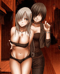 Rule 34 | 2girls, arms behind back, bare shoulders, belt, blush, breasts, brown eyes, brown hair, character request, cleavage, closed mouth, collarbone, crimson comics, cross, cross necklace, embarrassed, female focus, game cg, jewelry, large breasts, long hair, midriff, molestation, multiple girls, navel, necklace, outdoors, short hair, smile, taimashi mikoto