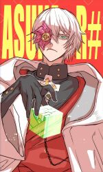 Rule 34 | 1boy, absurdres, asuka r. kreutz, black gloves, character name, closed mouth, cube, eyepatch, fukamichi ran&#039;ou, gloves, green eyes, guilty gear, guilty gear strive, highres, long sleeves, looking at viewer, male focus, red background, short hair, upper body, white hair