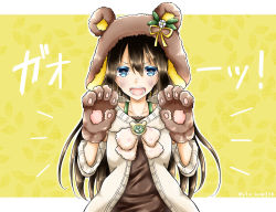 Rule 34 | 1girl, animal ears, animal hands, animal hood, aqua eyes, artist name, artist request, bare shoulders, bear ears, blue eyes, blush, bow, breasts, brown bow, brown dress, brown hair, brown jacket, brown sweater, clothing cutout, collarbone, dress, exciting animal (love live!), female focus, flower, frilled dress, frills, fur trim, gloves, hair between eyes, hood, hooded jacket, hooded sweater, jacket, light brown jacket, light brown sweater, long hair, long sleeves, looking at viewer, love live!, love live! nijigasaki high school idol club, love live! school idol festival, love live! school idol festival all stars, osaka shizuku, parted lips, paw gloves, polka dot, polka dot bow, ponytail, ribbon, short sleeves, shoulder cutout, small breasts, smile, solo, sweater, upper body, v-shaped eyebrows, white bow, white flower, yellow background, yellow ribbon