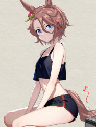 Rule 34 | 1girl, animal ears, bare arms, bare legs, between legs, black shorts, blue eyes, blush, brown hair, closed mouth, collarbone, crop top, dolphin shorts, flower, grey background, hair between eyes, hair flower, hair ornament, hair ribbon, hand between legs, highres, horse ears, horse girl, horse tail, looking at viewer, narita taishin (umamusume), red flower, red ribbon, ribbon, short hair, short shorts, shorts, sitting, solo, tail, umamusume, zenbrush2