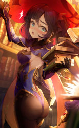 Rule 34 | 1girl, :o, aqua eyes, arm up, ass, black hair, blue leotard, blurry, blush, book, book stack, bookshelf, breasts, depth of field, dropping, genshin impact, gold trim, hat, highres, holding, holding book, leotard, library, long hair, looking back, looking down, medium breasts, mona (genshin impact), pantyhose, pistachiocream, purple hair, solo, sweatdrop, twintails, very long hair, witch hat