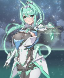 Rule 34 | 1girl, breasts, chest jewel, earrings, gem, gloves, greek text, green eyes, green hair, headpiece, highres, jewelry, large breasts, long hair, pneuma (xenoblade), ponytail, solo, swept bangs, tiara, tsumugi 1210, very long hair, xenoblade chronicles (series), xenoblade chronicles 2