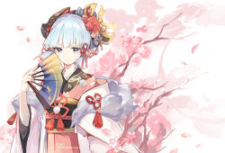 Rule 34 | 1girl, ayaka (genshin impact), blue eyes, blue hair, branch, closed mouth, commentary request, flower, folding fan, fur trim, genshin impact, hand fan, hand up, holding, holding fan, jacket, japanese clothes, kimono, long sleeves, looking at viewer, mitu yang, obi, off shoulder, open clothes, open jacket, petals, pink flower, pink kimono, sash, smile, solo, upper body, wide sleeves