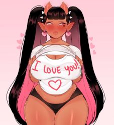Rule 34 | 1girl, averting eyes, black hair, blonde hair, blush, breasts, cinnabus, cleavage, clothes lift, confession, dark-skinned female, dark skin, earrings, english text, flustered, gradient background, heart, heart earrings, highres, horns, huge breasts, jewelry, long hair, multicolored hair, navel, non-web source, one eye closed, original, plump, pointy ears, shirt lift, simple background, source request, sp&igrave;kes, sweat, twintails, very long hair, wink