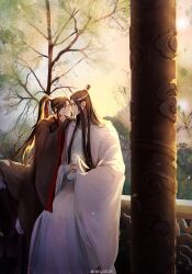 Rule 34 | 2boys, ^ ^, artist name, bishounen, black footwear, black robe, blush, boots, brown eyes, chinese clothes, closed eyes, closed mouth, commentary, day, english commentary, eyelashes, grin, hair bun, hair ornament, hair ribbon, hanfu, headband, high ponytail, highres, holding animal, holding rabbit, lan wangji, long hair, long sleeves, looking at another, male focus, mixed-language commentary, modao zushi, multiple boys, outdoors, parted bangs, pillar, ponytail, profile, rabbit, railing, raineemeow, red ribbon, ribbon, robe, sidelocks, single hair bun, sitting, smile, sunlight, teeth, tree, twitter username, very long hair, wei wuxian, white headband, white rabbit (animal), white robe, wide sleeves, xiao guan (headdress), yaoi