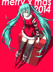 Rule 34 | 10s, 1girl, 2014, aqua eyes, aqua hair, boots, christmas, cross-laced footwear, fame peera, fur boots, gift, hand in pocket, hatsune miku, highres, knee boots, lace-up boots, long hair, merry christmas, red background, red footwear, solo, thighhighs, twintails, very long hair, vocaloid