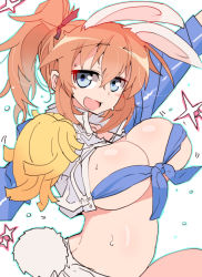 Rule 34 | 1girl, animal ears, bad id, bad pixiv id, bandeau, blue eyes, breasts, charlotte e. yeager, cheerleader, cleavage, crop top, front-tie top, hair ribbon, large breasts, looking at viewer, midriff, open mouth, orange hair, osuman toruko, pom pom (cheerleading), ponytail, rabbit ears, rabbit girl, rabbit tail, ribbon, shiny skin, skindentation, smile, solo, sparkle, strike witches, sweat, tail, world witches series