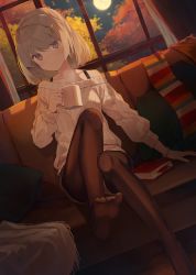 Rule 34 | 1girl, autumn leaves, bad id, bad twitter id, black pantyhose, blanket, book, bracelet, couch, cup, cushion, feet, full moon, grey eyes, hair ornament, hairclip, highres, holding, holding cup, indoors, jewelry, moon, mug, nagishiro mito, night, off shoulder, original, pantyhose, ribbed sweater, short hair, sitting, smile, solo, steam, sweater, tights day, white sweater