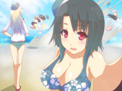 Rule 34 | 10s, ass, atago (kancolle), ball, bare shoulders, beach, beach volleyball, beret, bikini, black hair, blonde hair, blush, breasts, brown hair, choukai (kancolle), cleavage, day, eyebrows, food, glasses, hand on own hip, hat, kantai collection, koumei (twinameless), large breasts, long hair, looking at viewer, maya (kancolle), ocean, outdoors, playing sports, popsicle, red eyes, short hair, sky, swimsuit, takao (kancolle), unworn eyewear, unworn hat, unworn headwear, volleyball, volleyball (object)