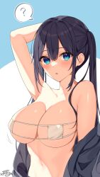 Rule 34 | 1girl, :o, ?, absurdres, arm up, bikini, black coat, black hair, blue eyes, blush, breasts, cleavage, coat, collarbone, commentary request, eyepatch bikini, hair between eyes, highres, large breasts, long hair, looking at viewer, navel, original, ramchi, sidelocks, simple background, solo, spoken question mark, swimsuit, underboob, upper body, white background